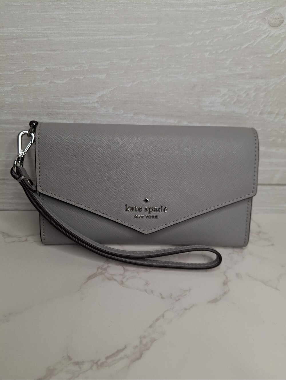 Kate Spade Saffiano Leather Wristlet Wallet Gray Silver Hardware